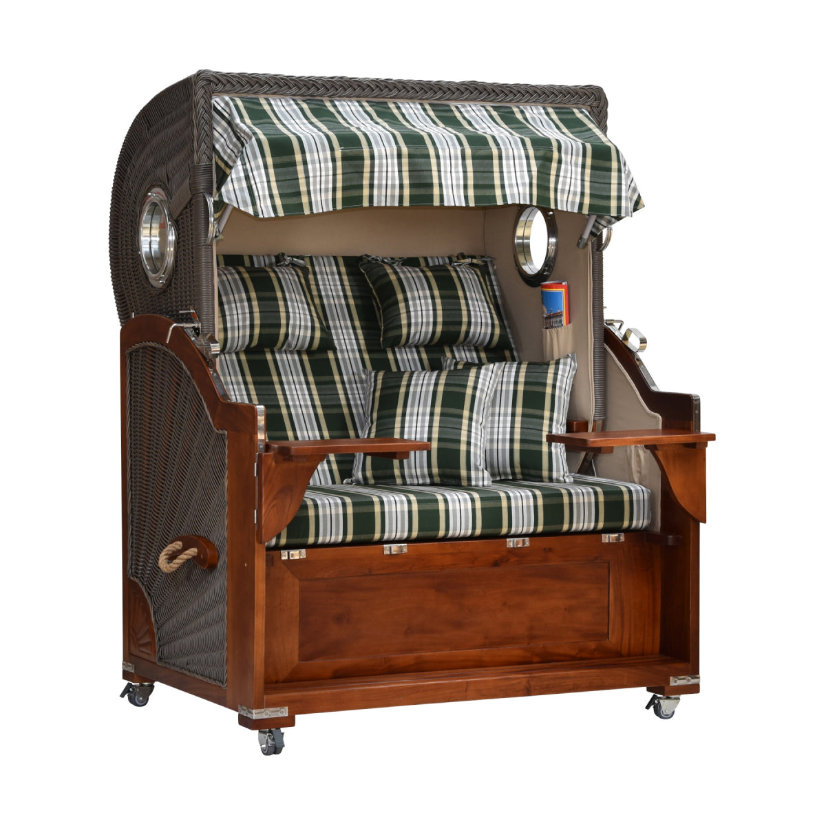 Strandkorb kariert seitliche Ansicht.