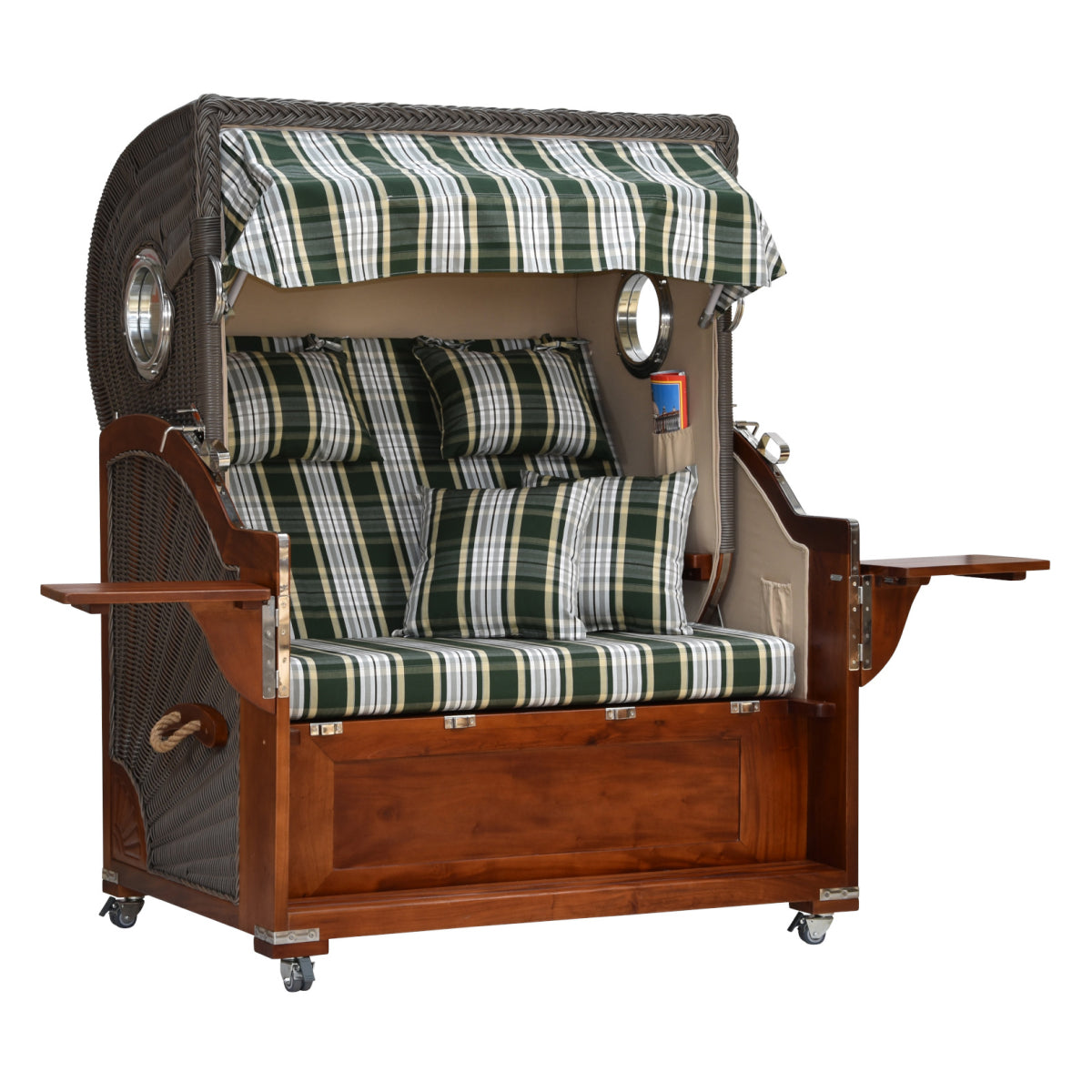 Strandkorb kariert seitliche Ansicht aufgeklappte Tische.