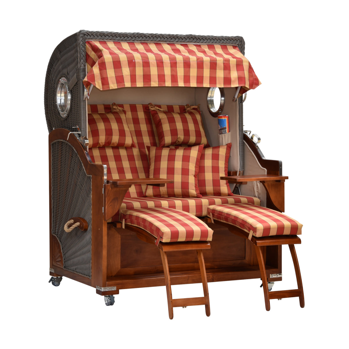 Strandkorb kariert seitliche Ansicht ausgezogene Beinstützen.