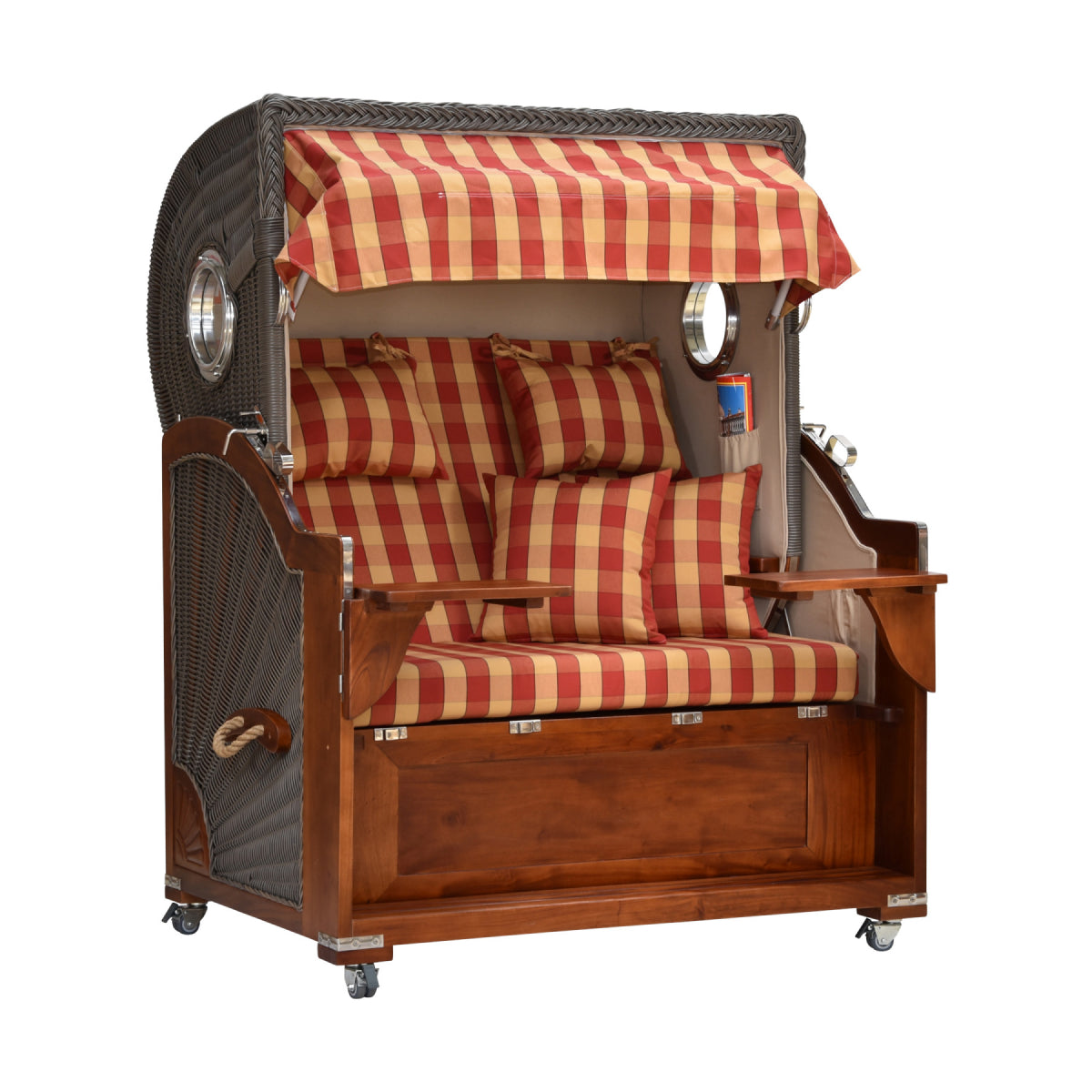 Strandkorb kariert leicht seitliche Ansicht nach innen geklappte Tische.