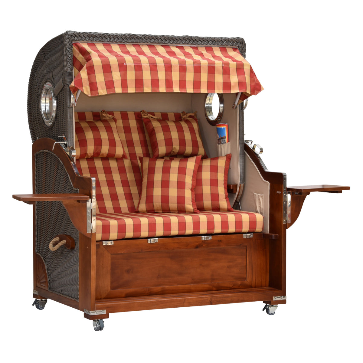 Strandkorb kariert leicht seitliche Ansicht ausgeklappte Tische.