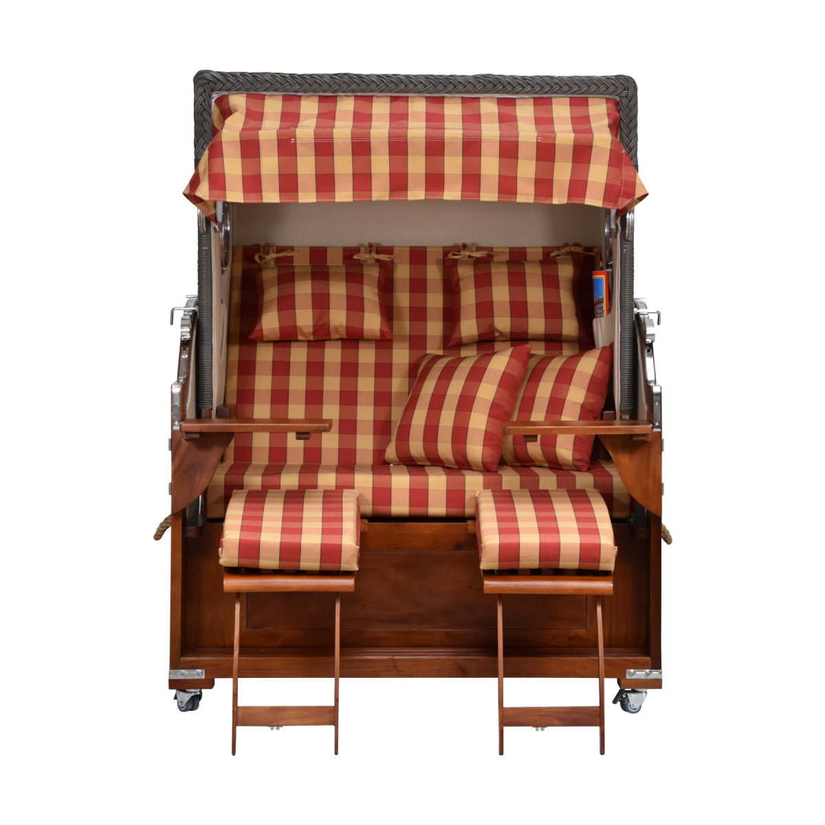 Strandkorb kariert Vorderansicht ausgezogene Beinstützen.