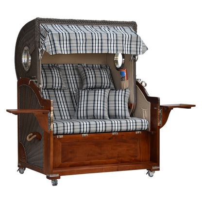 Strandkorb kariert leicht seitliche Ansicht aufgeklappte Tische.