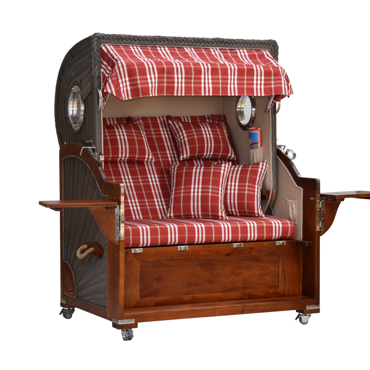 Strandkorb kariert leicht seitliche Ansicht ausgeklappte Tische.