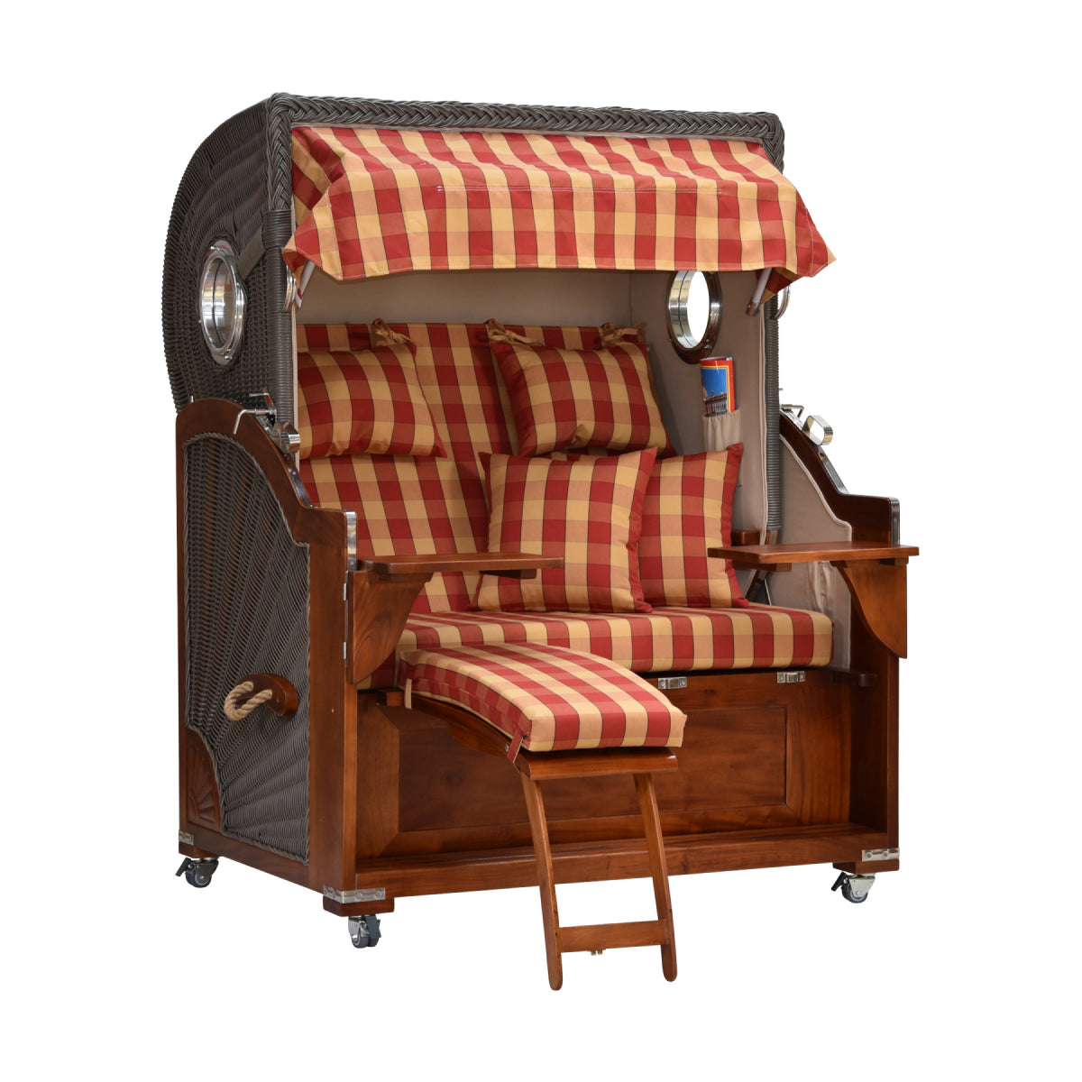 Strandkorb kariert leicht seitliche Ansicht ausgezogene Beinstütze.