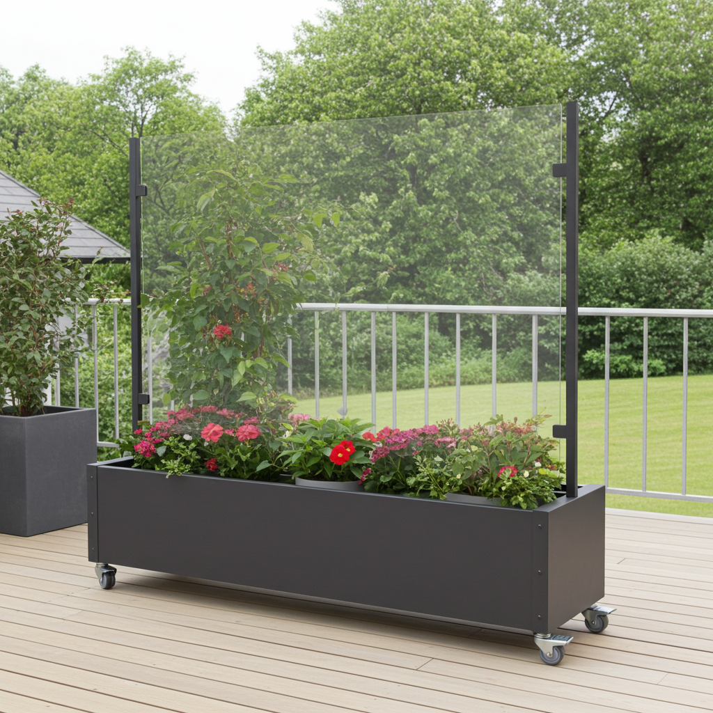 Mobiler Windschutz mit Pflanzkasten für Terrasse und Garten (Alu)